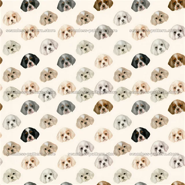 Seamless texture with watercolor puppy portraits of various breeds — seamless tileable pattern