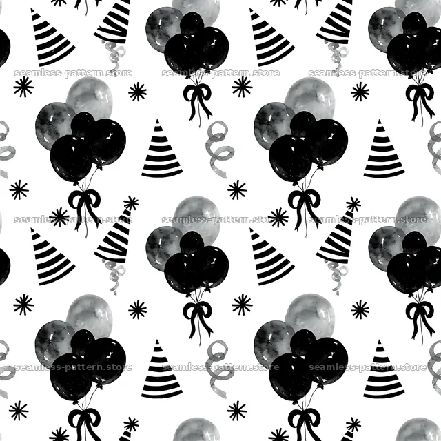 Birthday black and white seamless pattern with balloons and party hats — seamless tileable pattern