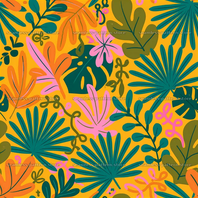 Vivid jungle foliage seamless pattern in bright colors and shapes — seamless tileable pattern