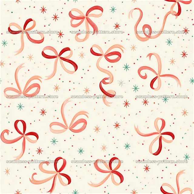 Repeat festive ribbon pattern with bows and decorative stars — seamless tileable pattern