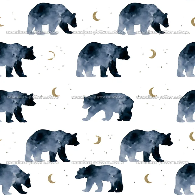 Seamless watercolor bear pattern with bears and moons in dark colors — seamless tileable pattern