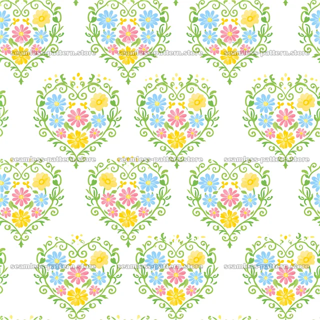 Floral heart medallions repeat pattern with flowers and greenery — seamless tileable pattern