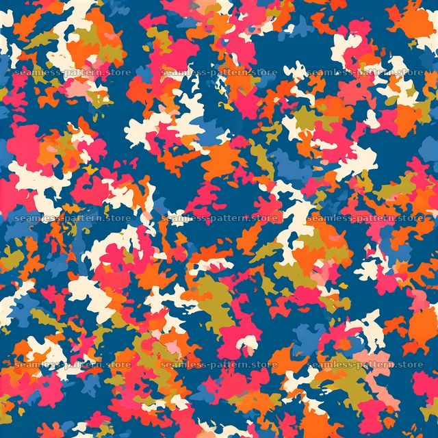 Colorful camouflage fabric repeat pattern with vibrant shapes and colors — seamless tileable pattern