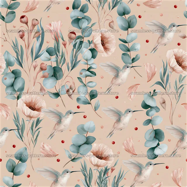 Seamless watercolor hummingbird pattern features flowers and leaves — seamless tileable pattern