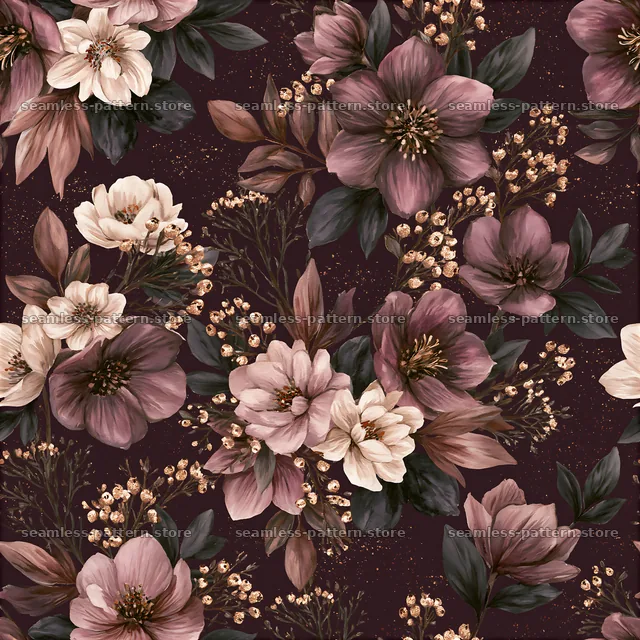 Watercolor floral repeating pattern in dark color shades — seamless tileable pattern