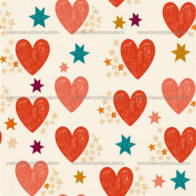 Heart stars repeat pattern with colorful shapes on light background — seamless tileable pattern