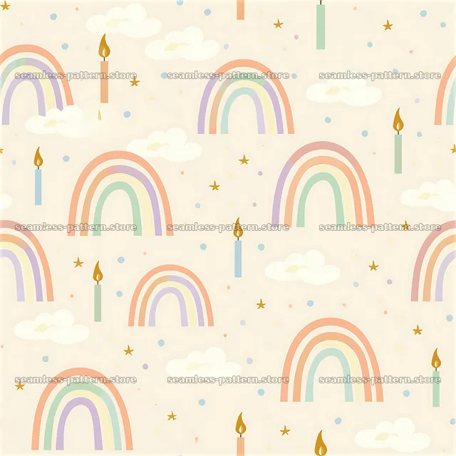 Birthday rainbow pastel seamless pattern with candles and clouds — seamless tileable pattern