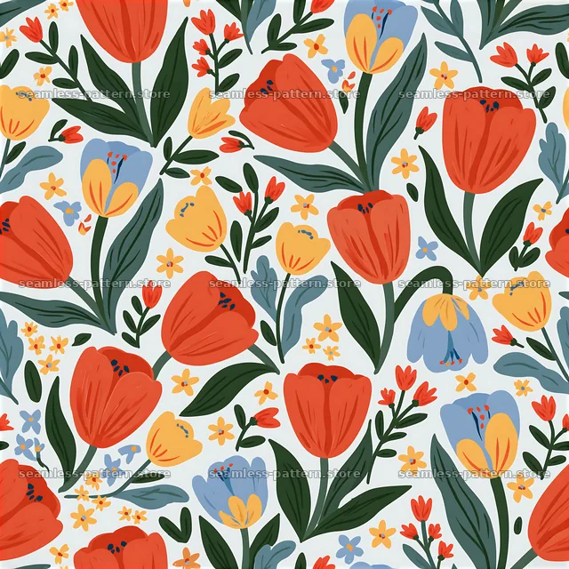 Bold floral seamless pattern with red and blue flowers — seamless tileable pattern