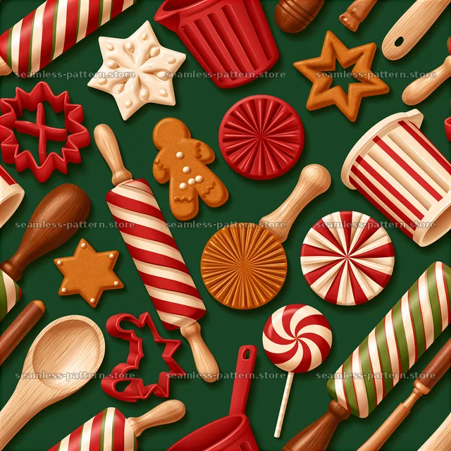 Colorful Christmas seamless pattern with holiday baking utensils — seamless tileable pattern