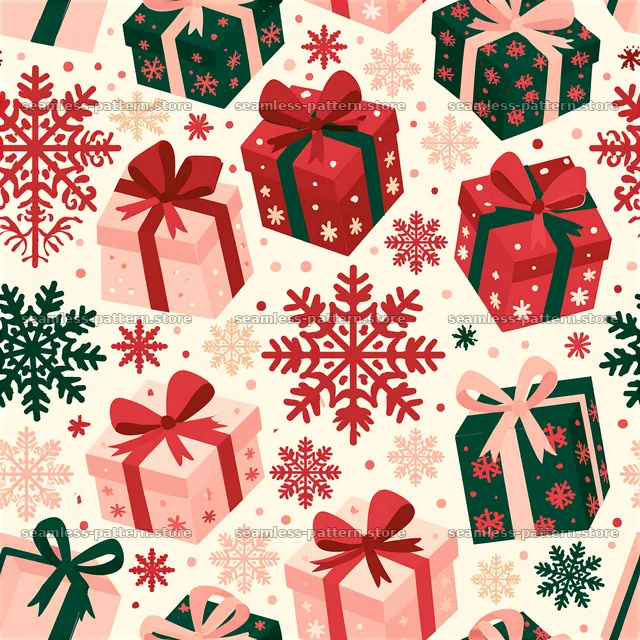 Seamless pattern of winter holiday presents and snowflakes — seamless tileable pattern