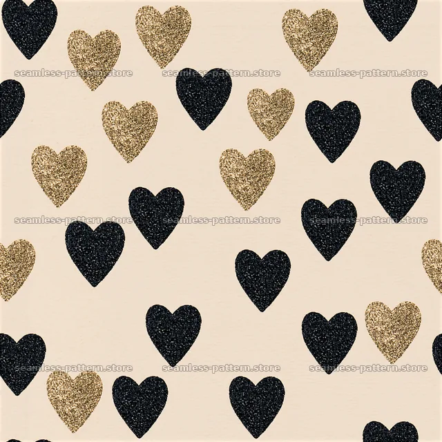 Seamless glitter heart pattern with black and gold hearts on light background — seamless tileable pattern