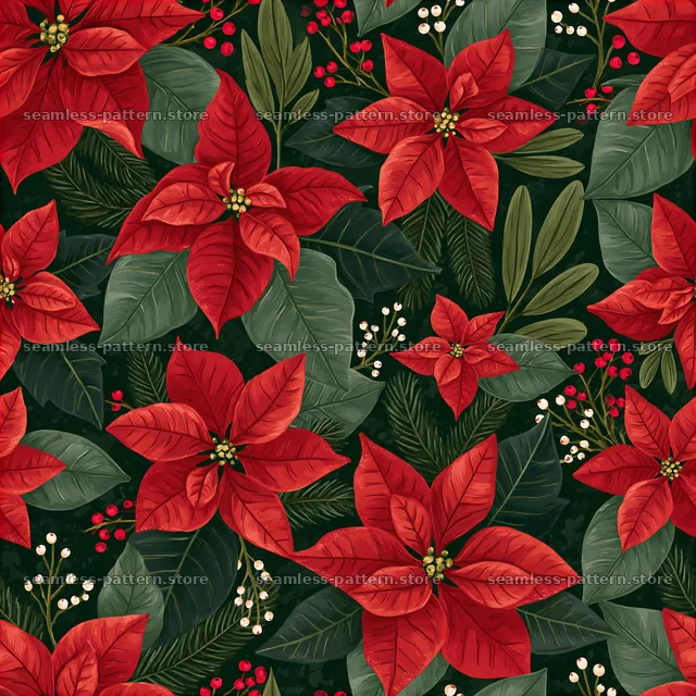 Seamless Christmas card pattern featuring red poinsettias — seamless tileable pattern