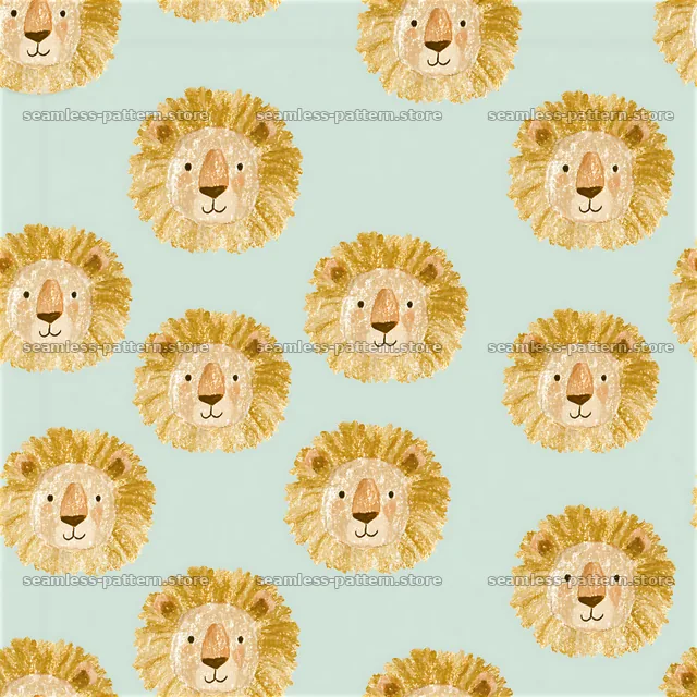 Stationery lion face repeat pattern on a light blue background — seamless tileable pattern