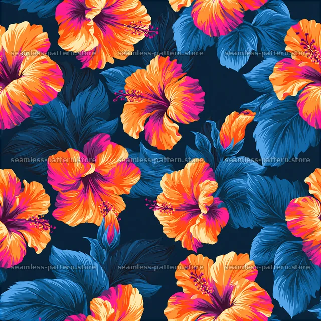 Vibrant hibiscus seamless pattern on dark background with bright colors — seamless tileable pattern