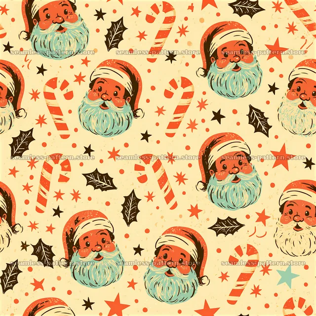Santa Claus repeat pattern with candy canes and holiday elements — seamless tileable pattern