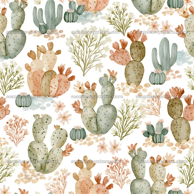 Seamless watercolor desert pattern with cacti and desert plants — seamless tileable pattern