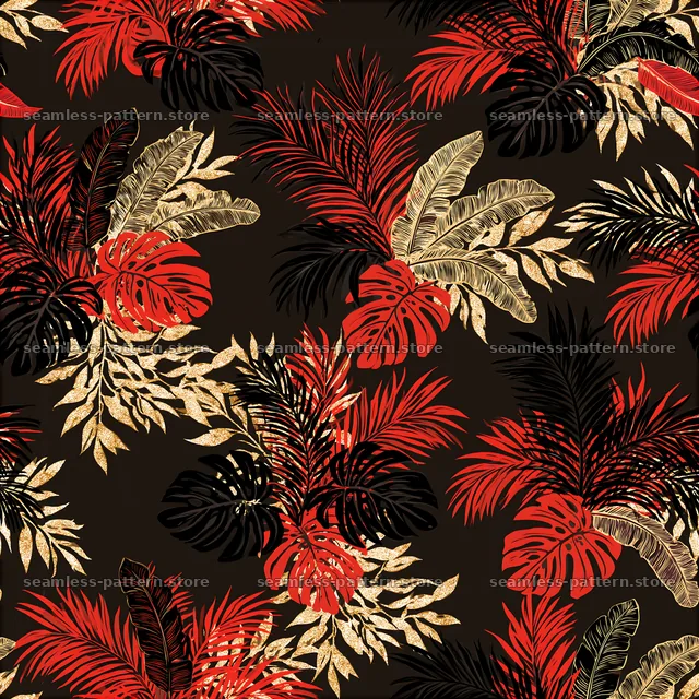 Tropical leaf black red gold repeating pattern with vivid foliage — seamless tileable pattern