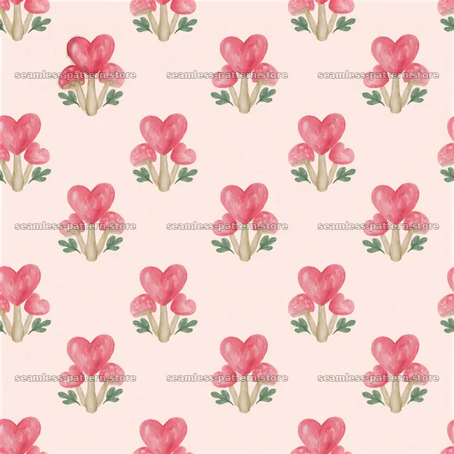 Heart mushrooms repeating pattern with pink and green elements — seamless tileable pattern