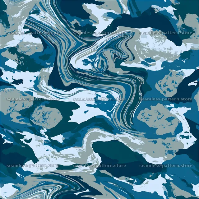 Seamless blue camouflage marble pattern with flowing lines and shapes — seamless tileable pattern