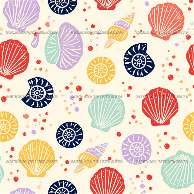 Vibrant seashells create a seamless pattern on a light background — seamless tileable pattern
