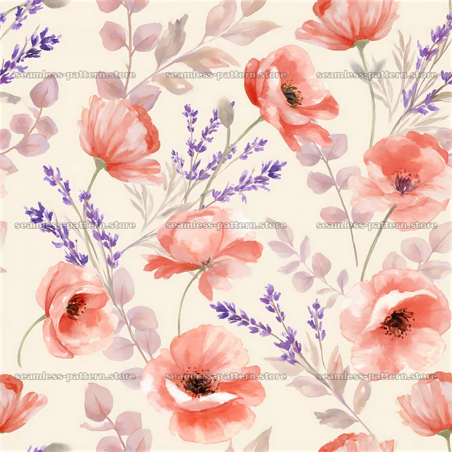 Seamless watercolor soft floral pattern with pink and lavender flowers — seamless tileable pattern
